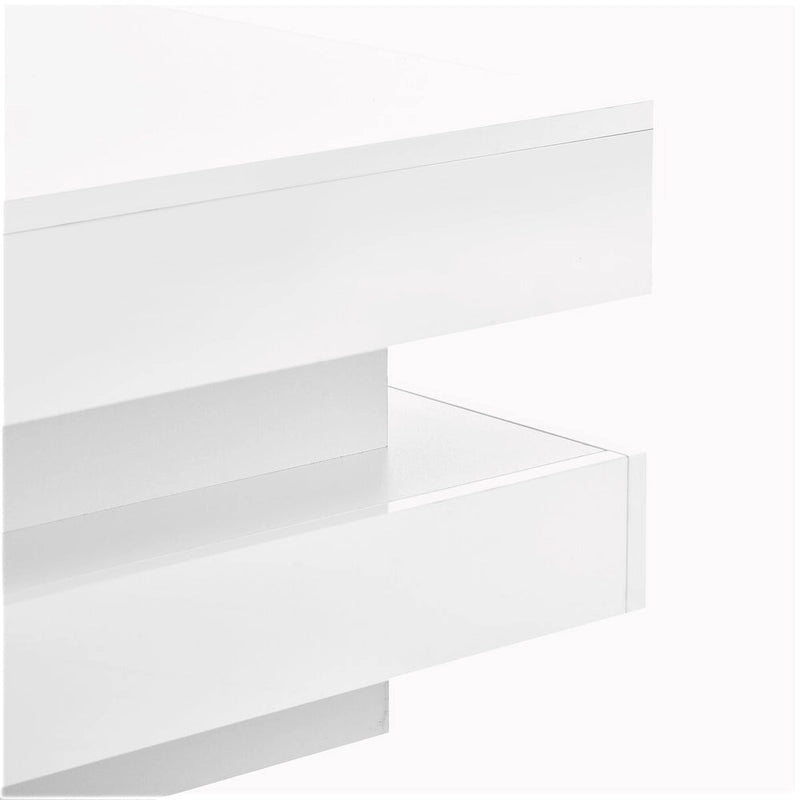 Table basse carrée à deux niveaux, design minimaliste laqué brillant avec éclairage LED, idéale pour le salon.