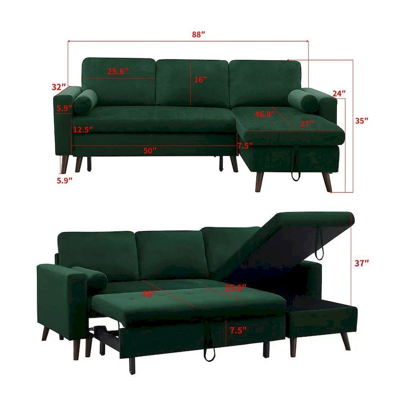 Canapé-lit multifonctionnel réversible en forme de L de 88 pouces avec fauteuil inclinable et rangement