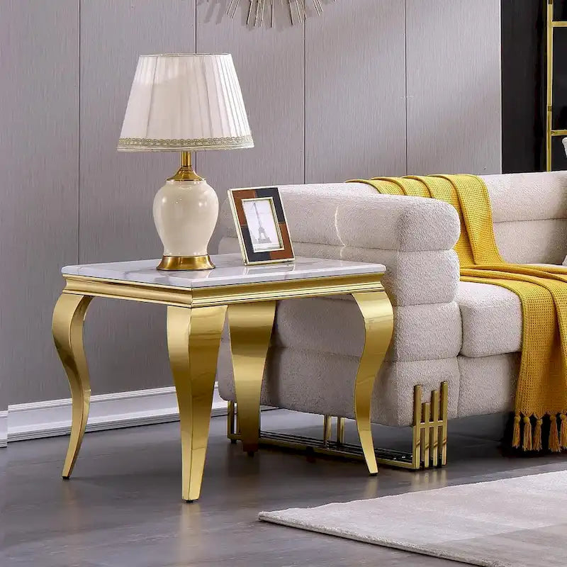 White and Gold End Table Side Table with Polished Gold Cabriole Legs