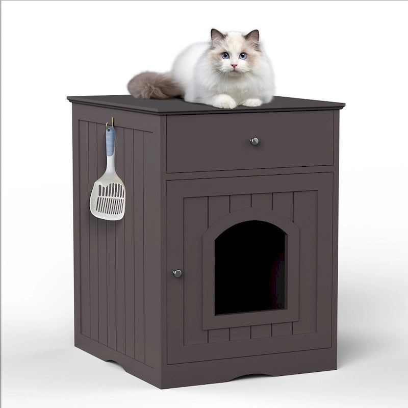 Maison pour chat en bois avec bac à litière, tiroir, table d'appoint, cage d'intérieur, maison pour chat (marron)