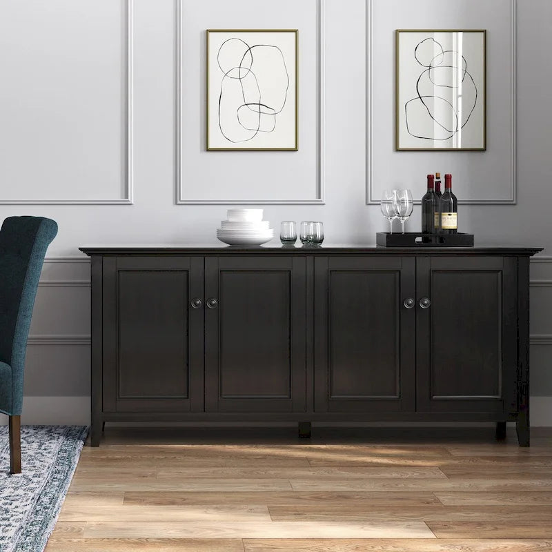 Armoire de rangement WYNDENHALL Halifax en bois massif, 4 portes, style transitionnel, couleur brun hickory - 46 cm de profondeur x 168 cm de largeur x 86 cm de hauteur