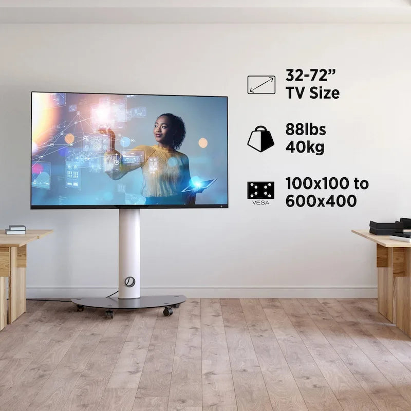 Support TV à roulettes ProMounts Premium avec pivot pour écrans de 32 à 72 pouces, supporte jusqu'à 40 kg (88 lb).